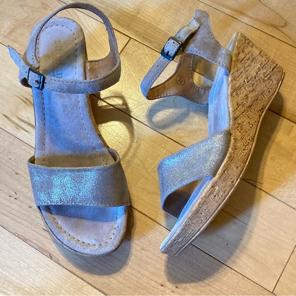 Sundance Shoes - Sundance Made in Italy Leather gold taupe leather cork wedge sandals size 37